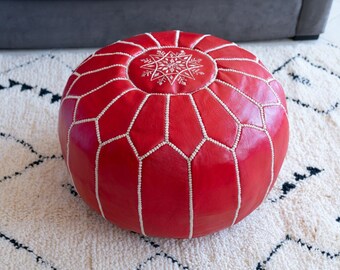 Red moroccan leather pouf - moroccan furniture - kilim leather pouf - moroccan art - moroccan pouf seating - bohemian pouf stool