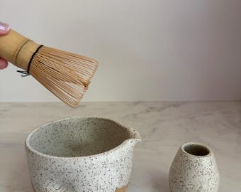 Handmade Ceramic Matcha Bowl and Whisk Holder Set - Speckled Oatmeal