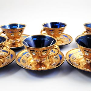 Antique Moser Tea Set: Hand-Gilded Cobalt Glass, Raised Enamel, c.1890