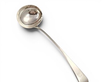 Mestolo da zuppa georgiano in argento sterling, modello Old English, Londra 1800, cucchiaio da portata antico in argento con stemma.