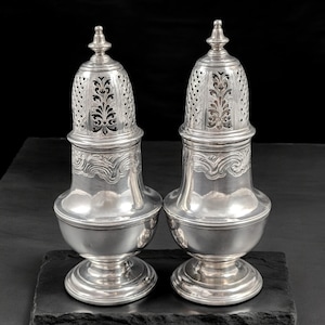 Rare pair George II sterling silver sugar casters, pierced vase shape, Charles Alchorne 1737, antique Georgian dining tableware