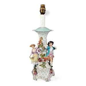 Carl Thieme Potschappel antique porcelain figural lamp, Rococo style, hand-painted, Germany c. 1888, collectible European porcelain décor