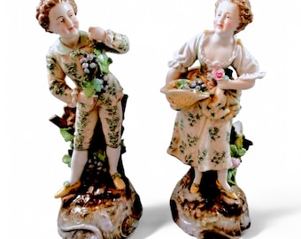 Antique Volkstedt Porcelain Figurines: Hand-Painted Grape Pickers, c. 1880s