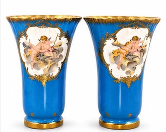 Antique Samson French Porcelain Vases, Bleu Céleste Sèvres Revival Pair, c.1860–1870
