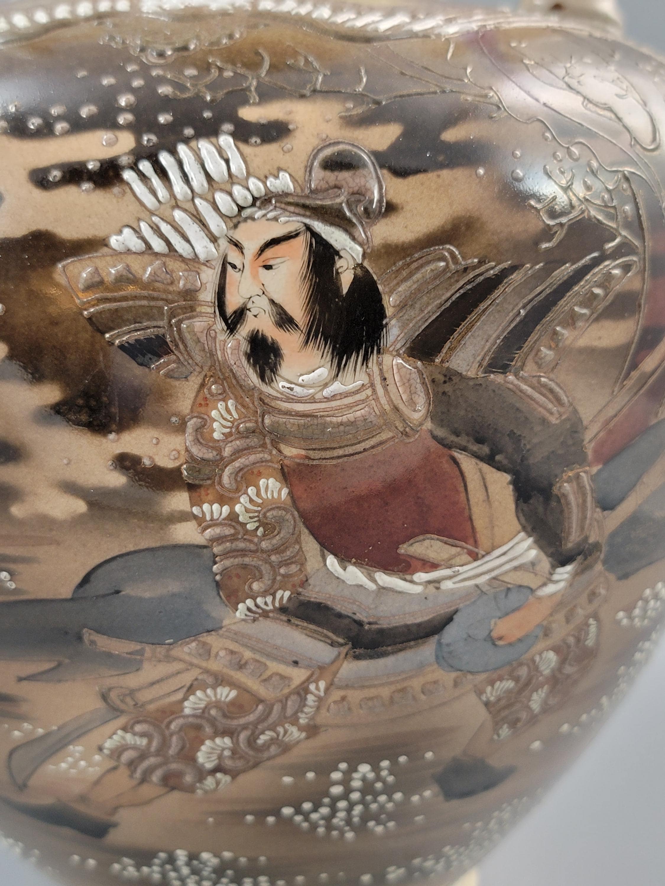 錦光山作 薩摩武者花瓶（アンティーク）、珍しい竹製の持ち手、明治
