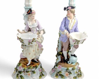 Antique Sitzendorf Porcelain Figural Candlesticks: Rococo Gardeners, c. 1890