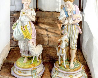 Rare huge Vion & Baury French bisque porcelain figures, Romantic pastoral "Shepherd and Shepherdess" Rococo sculptures, 60 cm, Paris c. 1870