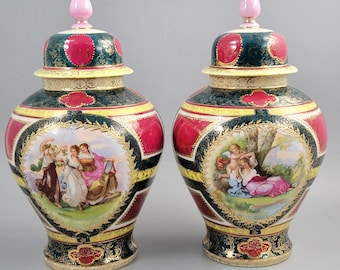 Royal Vienna-Style Pair of Porcelain Covered Vases, c.1880