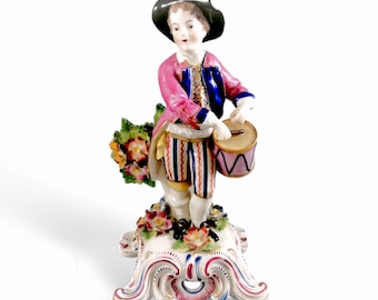 Rare Bow Porcelain Boy Drummer Figurine: English Pastel Decor, c. 1744