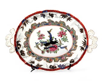 Antike Mason's Ironstone Servierplatte: Handbemalte Chinoiserie Gänse