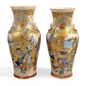 Antique Kyoto Satsuma Vases: Meiji Japanese Pottery with Gilt Enamel