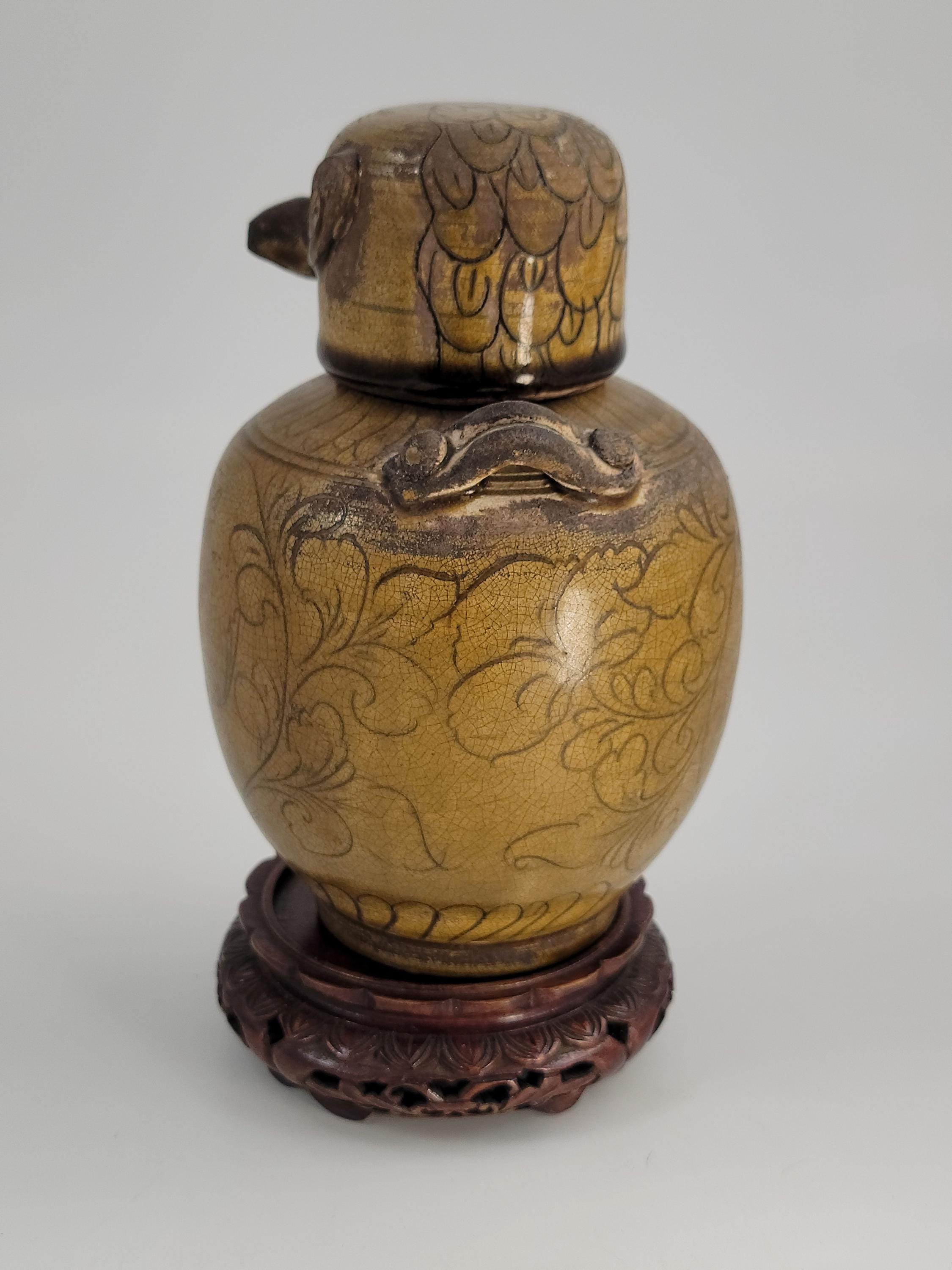 中国の鳥蓋壺 – 19世紀のアンティーク石器容器 – 清朝時代の民芸品