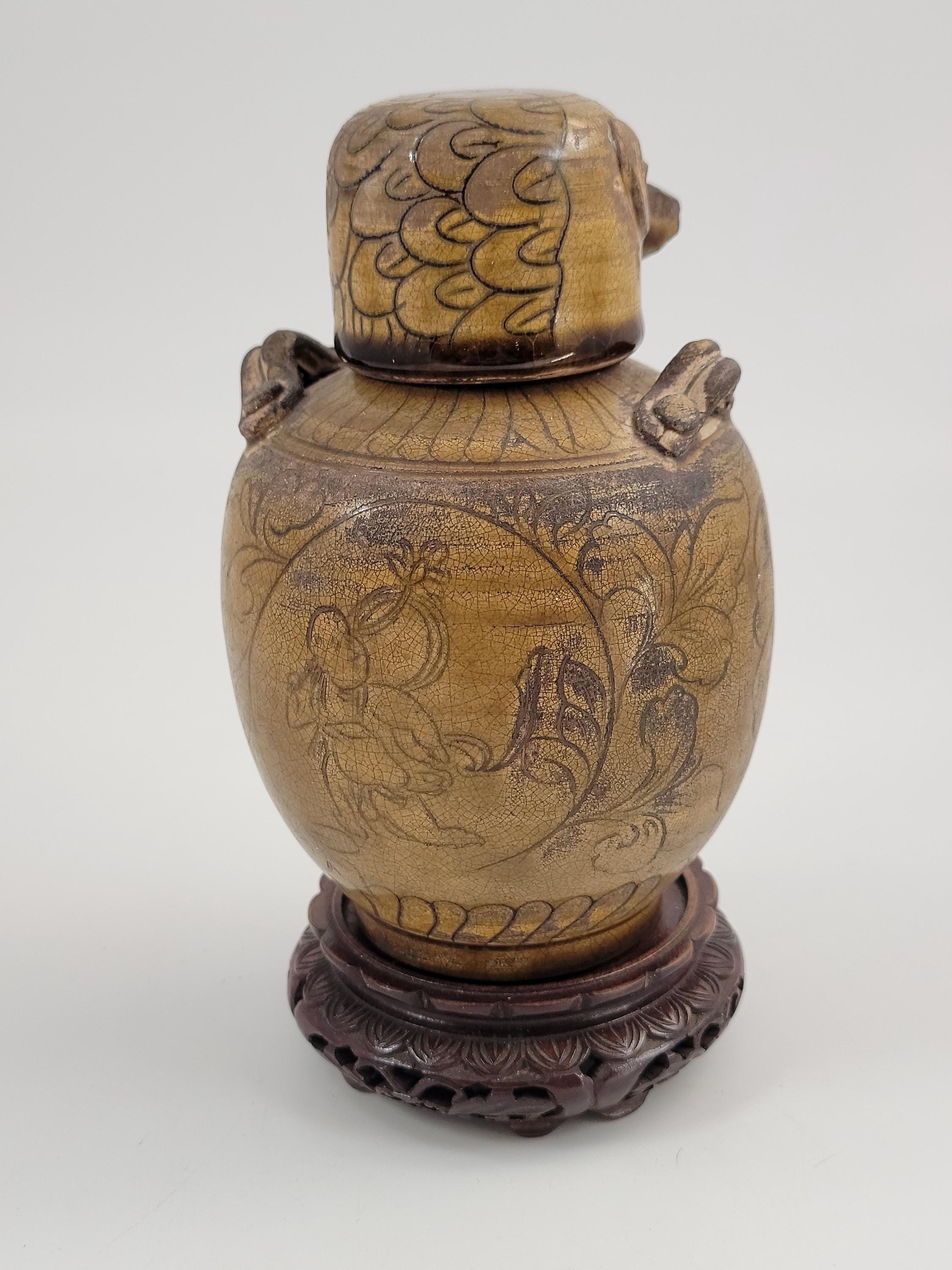 中国 清時代 壺 中国の鳥蓋壺 – 19世紀のアンティーク石器容器 – 清朝時代の民芸品