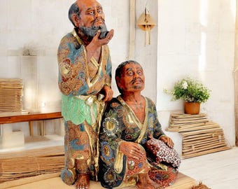Grupo figural raro Meiji Kutani Gama Sennin: escultura japonesa antiga