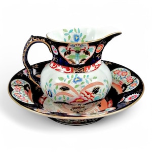Early Mason’s Ironstone pitcher and basin set, floral pattern, antique English wash set c. 1815, 19th century transferware
