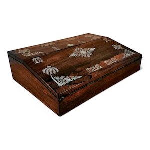 Victorian mahogany writing slope with red leather interior, gilt embossing, mother-of-pearl cartouche, working lock, and twin inkwells