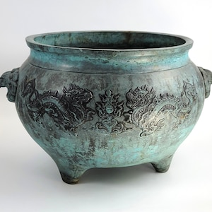 Antique Chinese Bronze Censer, Large Tripod Incense Burner, Dragon & Mask Handles, 19thC
