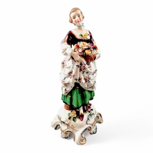 Antique Porcelain Lady Figurine: Bow/Samson Style, Gilt Floral Gown, c. 19th Century