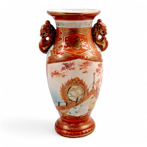 Meiji Kutani Porcelain Vase: Hand-Painted Court Lady, Shishi Handles, Signed Juzan