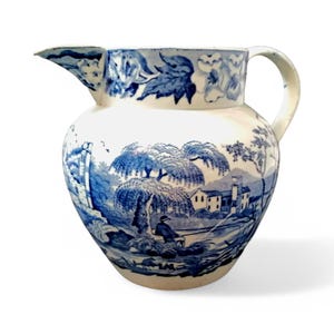 Antique blue and white creamware jug with English rural scene, possibly Minton or Spode, 19th century transferware