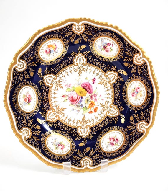 Royal Worcester Cobalt Cabinet Plate, Hand-painted Florals, Heavy