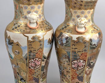 京都のアンティーク薩摩花瓶：金彩釉が施された明治時代の日本陶器