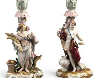 Volkstedt Allegorical Porcelain Candlesticks Summer & Autumn c.1895