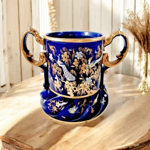 Rare Mason&#39;s Ironstone Wine Cooler: Gold Posies & Birds, Cobalt Blue, c. 1820