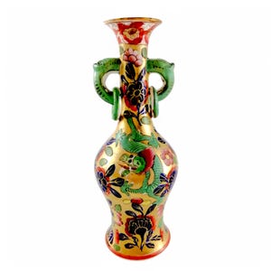 Rare Mason&#39;s Ironstone Vase: Pink & Green Dragons, Elephant Handles, c.1800-1816