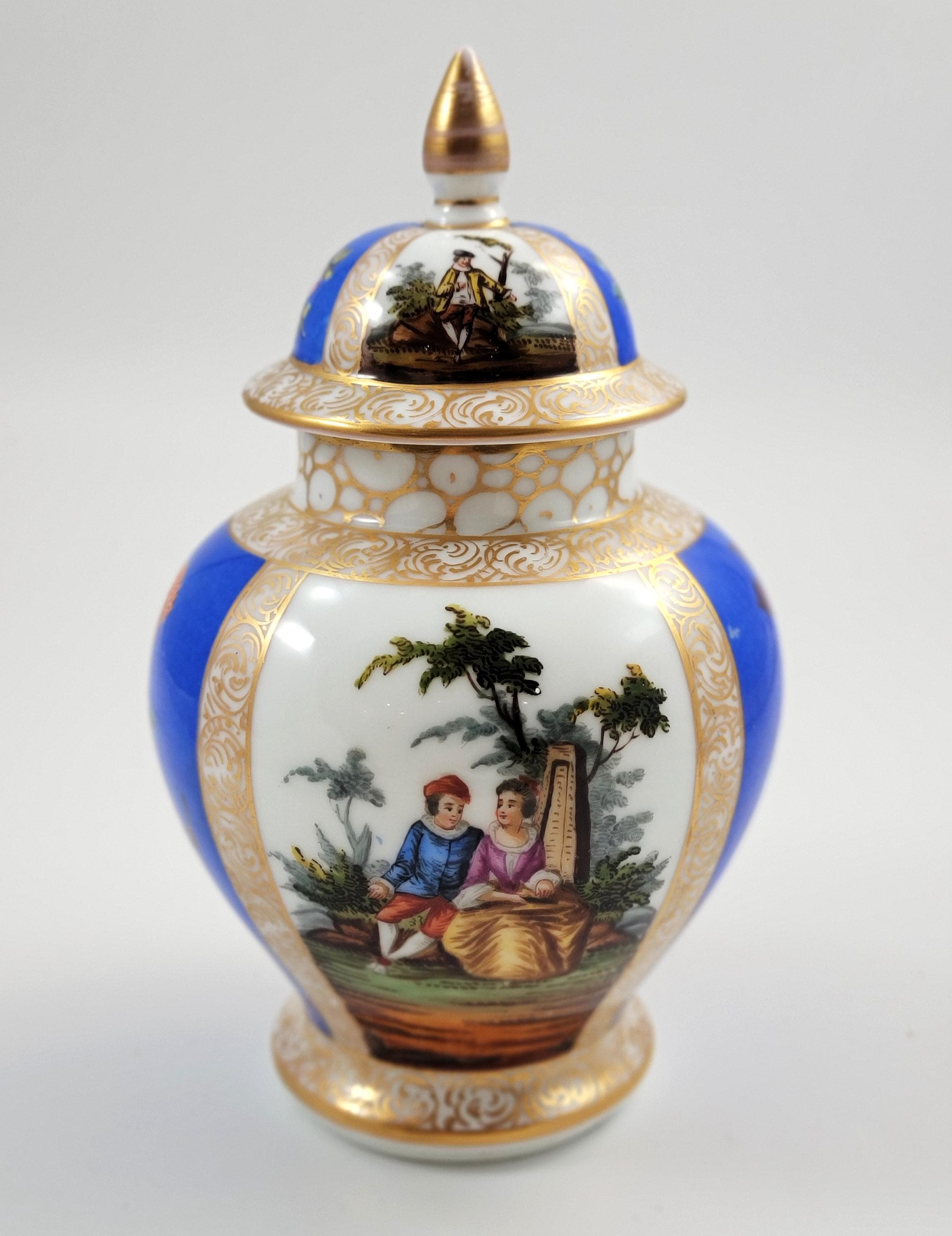 Rare Helena Wolfsohn Dresden Lidded Ginger Jar, Blue Ground