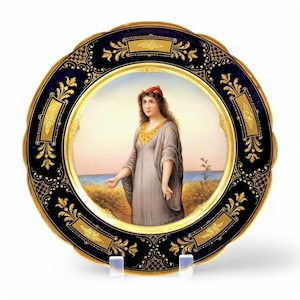 Royal Vienna antique porcelain cabinet plate, "Esther", signed Wagner, c. 1850, cobalt and gold, hand-painted