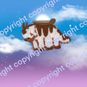 Puede incluir: Una criatura peluda marrón y blanca con una silla de montar vuela a través de las nubes contra un cielo azul con estrellas blancas.