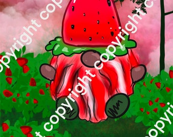 Strawberry Gnome print and phone wallpaper bundle.