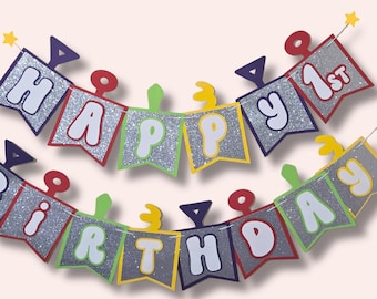 Colorful Retro Kids TV Inspired Happy 1st Birthday Banner, Rainbow Party Decor