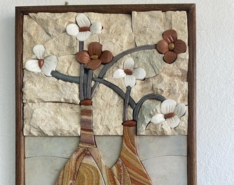 Two Flower Vases Marble Mosaic 3D Wall Art (Natural Stone) Handmade Gift