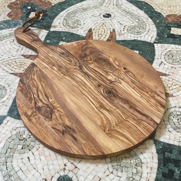 Olive Wood Round Pizza Board/ Charcuterie Board/ Platter Board/Serving Tray/ Wooden Board Handmade Gift