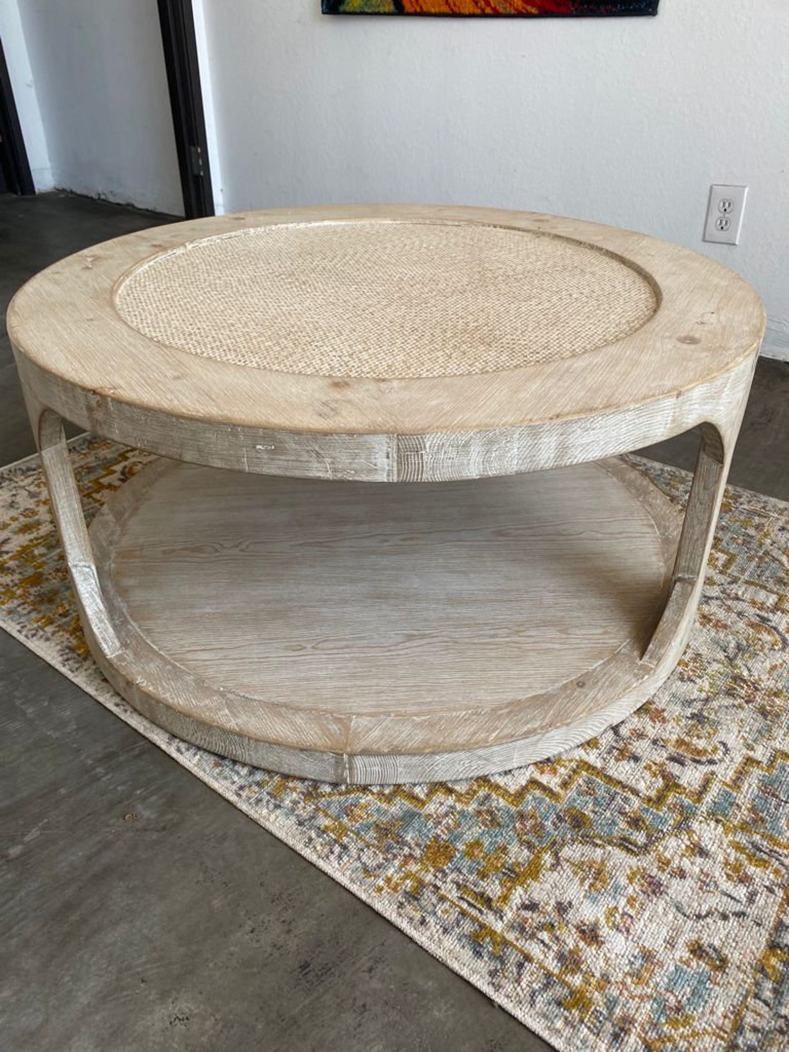 Antique Round Coffee Table Natural Wood With Rattan Top Etsy