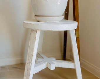 White Wash Elm Wood Round Stool Weathered / Round Side Table (Size & Finish Vary)