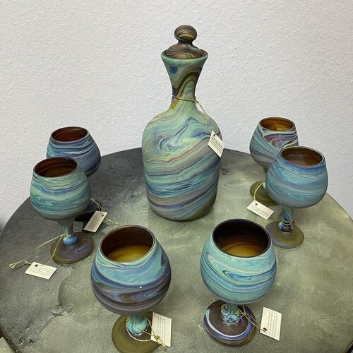Handblown Swirl of Turquoise/Blue Decanter & Goblets Set, Phoenician Wine Glass, Set of 7, Multiple Designs , Hebron Glass, Gift