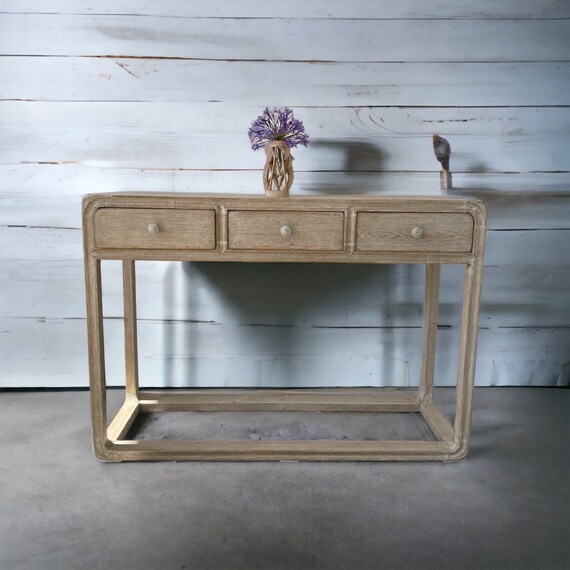 Peking Console Table With 3 Drawers weathered White Wash Handmade