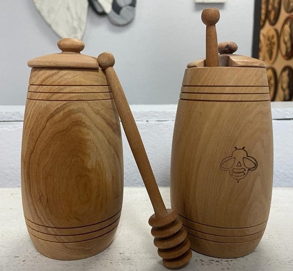 Handmade 3 piece Olive Wood Honey Pot with Dipper Jar Container Honey Dipper 