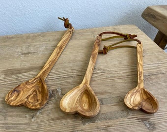 Premium Rustic Handmade Olive Wood Heart Shape Spoon\ Cooking Wooden Kitchen Utensils Heart Shape Multiple Sizes inches Gift