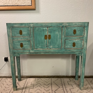 Antique Four Drawers Console Table Weathered Soft Aqua ( HANDMADE )