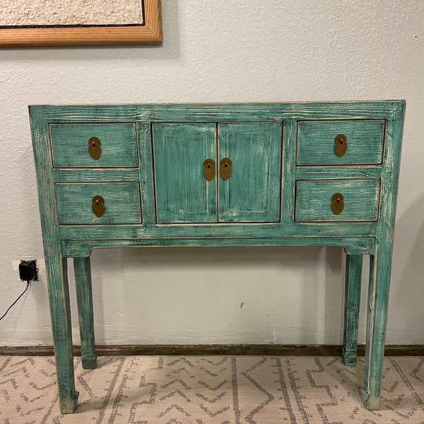 Antique Four Drawers Console Table Weathered Soft Aqua ( HANDMADE )