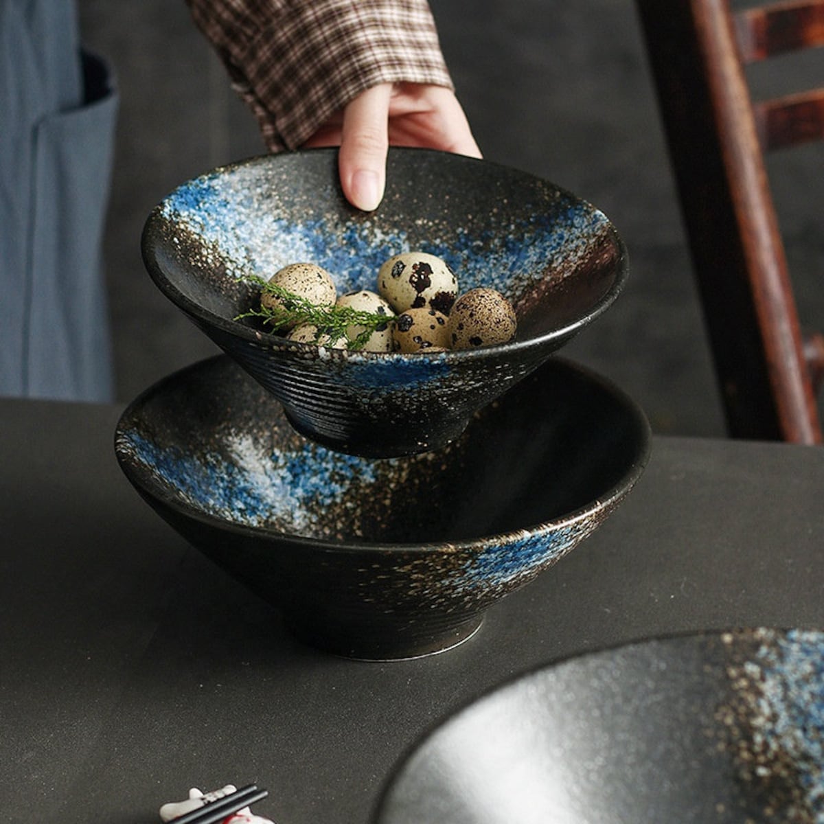Set of 4 Blue Ramen Bowl Stone Grain Ceramic Handmade Gift 7x7x2.75 - Etsy