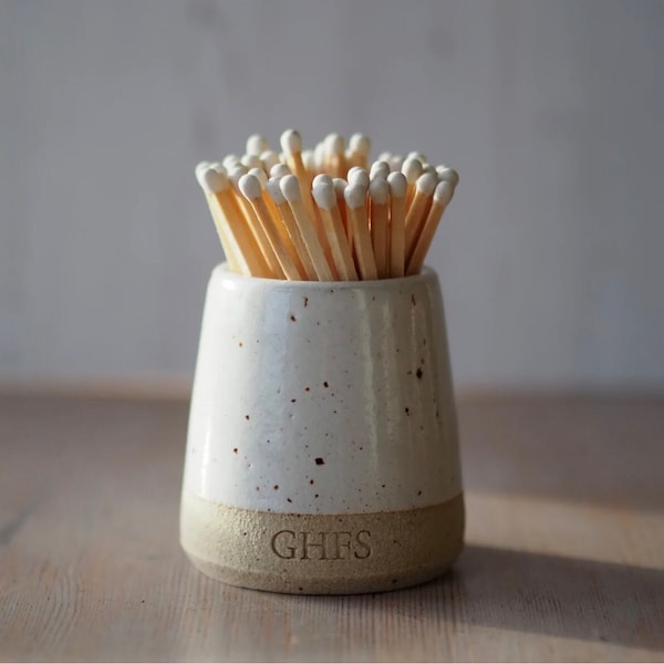 White Speckle Ceramic Match Pot with strike pad - hand-thrown