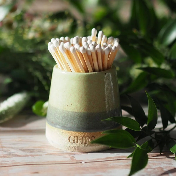Layered Green Ceramic Match Pot with strike pad - hand-thrown