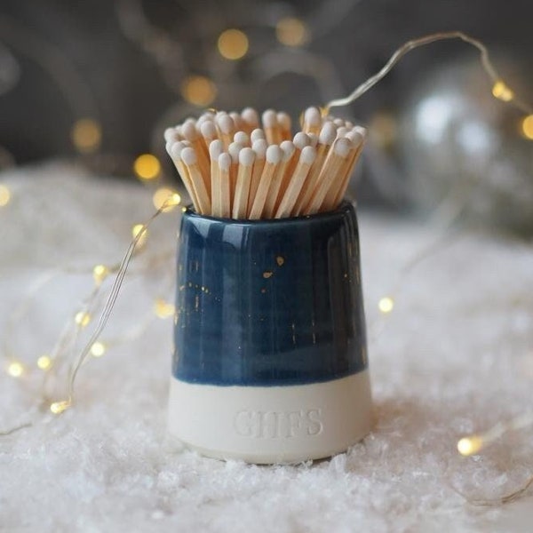 Hand thrown Ceramic Match Pot with strike pad - navy & gold