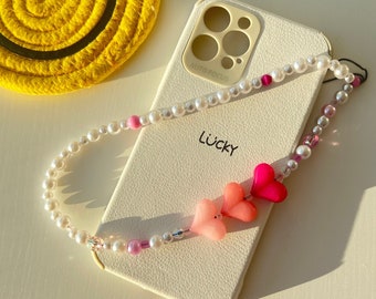 Pink Heart Phone Charm, Phone Charm with Pearls, Pink Beaded Phone Charm, 90s Phone Charm Beaded, Pearl Phone Beads, White Phone Strap