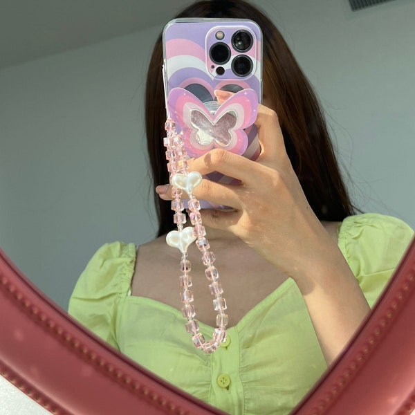 Pink Crystal Phone Strap with Pearl Heart Charms, Pink Crystal Phone Charm, Iridescent Phone Strap, Translucent Glass Cube Phone Strap, Y2K